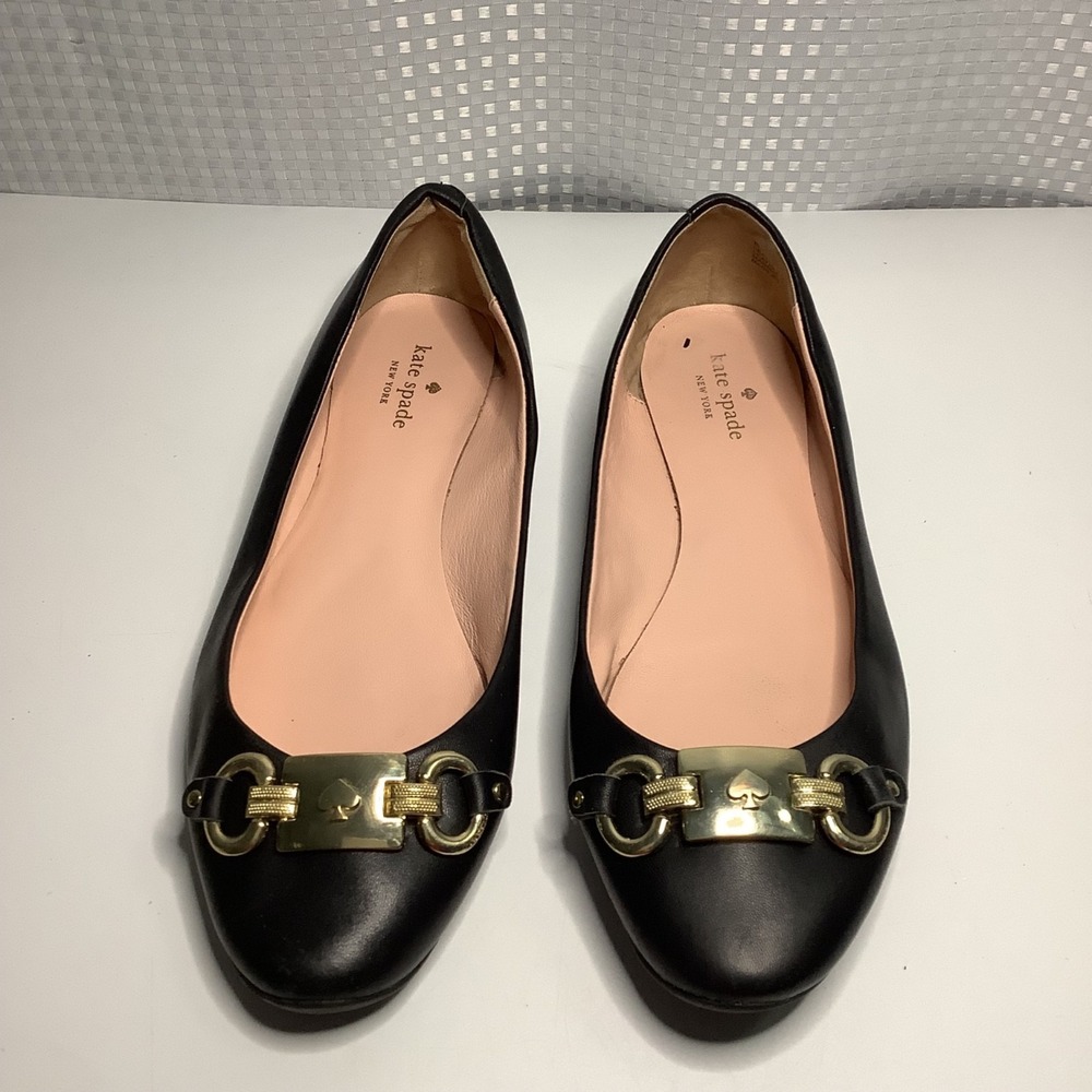 Kate Spade New York Phoebe Ballet Flats Black Leather w/ Gold Tone Buckle Sz 9.5